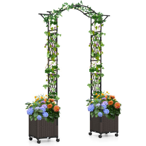 Arche de Jardin 208 CM avec 2 Bacs Jardinière et Treillis, Pergola Extérieur en Métal Revêtu de PE Antirouille avec d'Auto-Arrosage Roues, Noir (1/5)