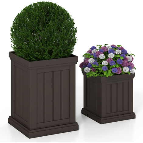 Lot de 2 Pots à Plantes en Plastique Carrées, Jardinières avec 2 Tailles Trous de Drainage et Design Empilable, Intérieur et d'Extérieur, Brun (1/5)