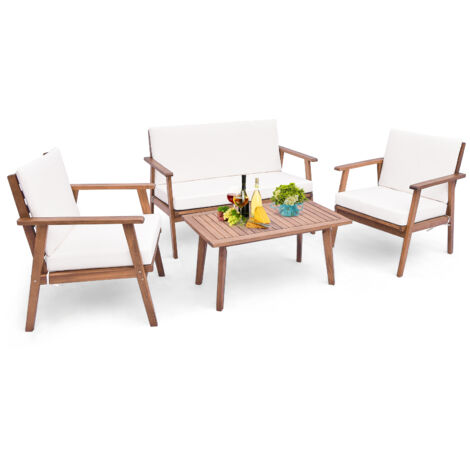 Ensemble de Salon de Jardin 4 Pièces, Canapé en Bois d'Acacia avec Coussins d'Assise et de Dossier, Table Basse Rectangulaire, pour Jardin, Blanc (1/5)