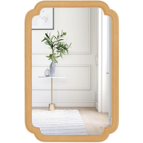 Miroir Mural Rectangulaire 90 x 60 cm, Cadre en Bois, 4 Crochets Métalliques, Mioir Mural Décoratif pour Salon Chambre Entree, Montage Facile, Beige (1/5)