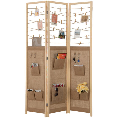 Séparateur de Pièce à 3 Panneaux, Présentoir Pliable avec 8 Poches, 4 Crochets, Cordes de Suspension en Ficelle de Jute, 20 Pinces en Bambou Incluses (1/5)
