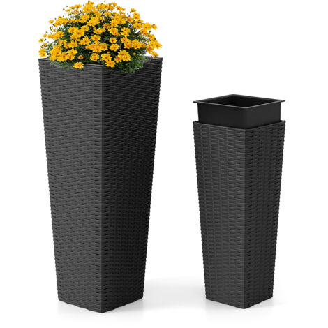 Lot de 2 Pots à Plantes en Rotin PP, Ensemble de Grands Jardinières d'Extérieur avec Bacs Intérieurs Amovibles Trous de Drainage, Noir (1/5)