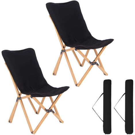 Lot de 2 Chaises Pliantes Papillon, Chaise de Dortoir en Bambou avec Poche de Rangement, Base Robuste, Capacité de 150 kg, Sac de Transport, Noir (1/5)