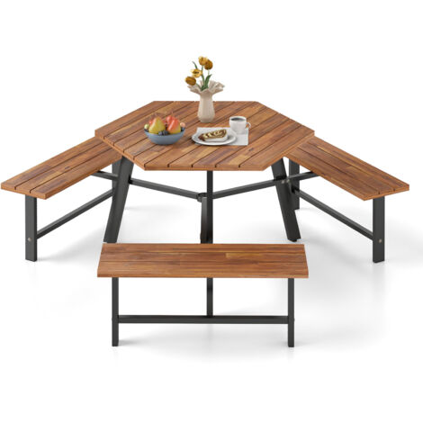 Ensemble Table et Banc en Bois d'Acacia pour 6 Personnes, Table à Manger 3 Places avec Trou pour Parasol, Plateau Rainuré avec Cadre en Métal (1/5)