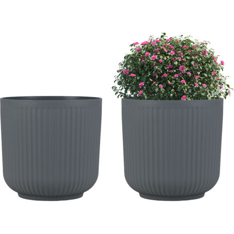 COSTWAY Lot de 2 Pots à Plantes Rondeas en Plastique 32 cm, Jardinières à Rayures avec Système de Drainage en Option, Pots de Fleurs Décoratives, Gris (1/5)
