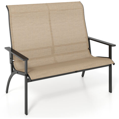 Banc Adirondack d'Extérieur à 2 Personnes avec Dossier Haut et Accoudoirs, Charge 400 kg, Banc Robuste pour Terrasse, Pelouse et Jardin, Café
