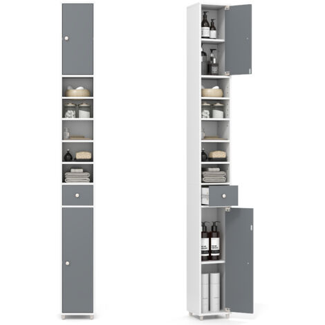 Costway – Meuble de rangement salle de bain – Armoire colonne 2 placards, 1 tiroir, 6 étagères réglables – Dimensions 20 x 20 x 180 cm – MDF gris