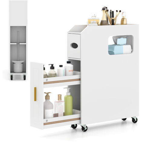 Petit Meuble de Salle de Bain, Meuble de Rangement sur Roulette, Tiroir Coulissant, Rangement de Papier Toilette, Porte-Balayette, Verrouillable,Blanc