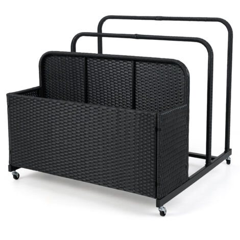 Coffre de Rangement au Bord de la Piscine en Rotin PE, Chariot Roulant d'Extérieur avec Roues, 2 Barres et 1 Panier, pour Coussins, Serviette, Noir