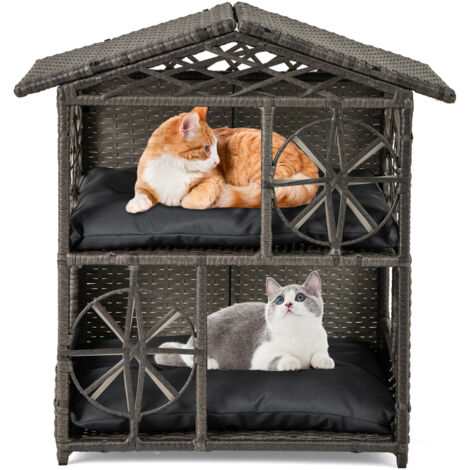 Costway – Maisonnette pour chat en rotin PE à 2 niveaux – 2 coussins amovibles – Toit incliné et fenêtres – Patins antidérapants – 69 x 41 x 70 cm