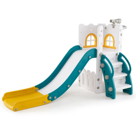 6 en 1 Toboggan Enfant en HDPE avec Panier de Basket & Télescope, Aire de Jeux Intérieure avec Échelle & Espace de Rangement, Jaune+Vert, pour 1 Ans+
