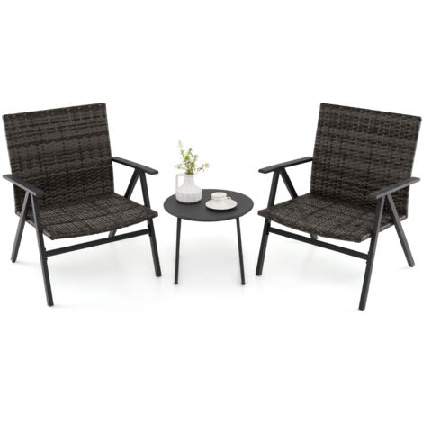Ensemble de Bistro de Patio 3 Pièces, Fauteuils de Loisirs en Cadre Métallique & Table d'Appoint Ronde avec Siège et Dossier en Rotin (1/5)