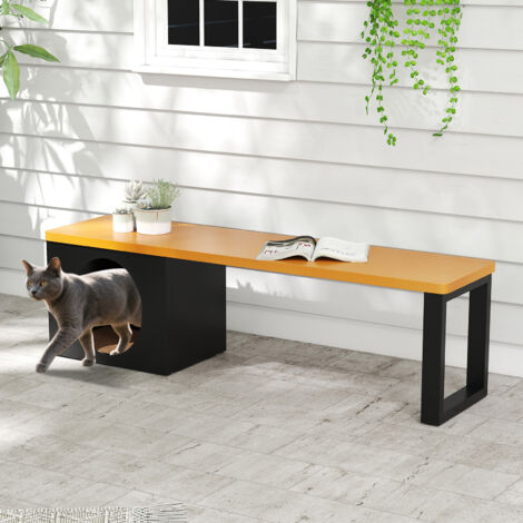 Banc Exterieur Jardin avec Niche pour Chat, Banc de Jardin pour 3 Personnes, Charge 450 kg, Meuble Chat avec Planche à Griffer, 150 x 38 x 44 cm