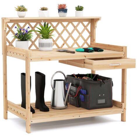 Table de Rempotage de Jardin, Poste de Travail en Bois de Sapin avec Treillis à Claire-Voie, Tiroir Amovible, Étagère Ouverte, pour Balcon, Pelouse
