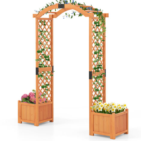 Costway – Arche de jardin en bois sapin naturel – 2 bacs avec drainage – Treillis pour plantes grimpantes – Décoration élégante mariage 185x45x201cm