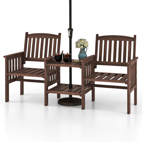 Ensemble de Meubles de Patio 2 Places en Bois de Sapin, Salon de Jardin avec 2 Chaises à Lattes Table Basse et Trou pour Parasol de 5 cm, Marron (1/5)