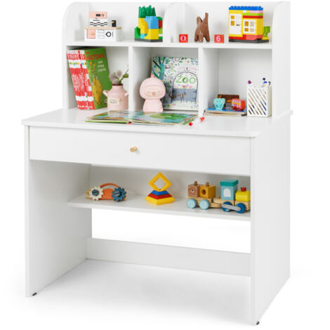 Bureau Enfant en Bois avec 5 Compartiments & Tiroir & Étagère, Table d’Étude avec Hauteur Raisonnable 62cm & Patins Antidérapants, Charge 90KG, Blanc