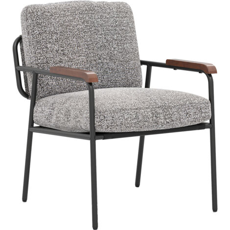 Fauteuil d'Accent, Chaise de Salon avec Coussin Dorsal, Siège Large Rembourré, Accoudoirs en Bois Massif, Cadre en Métal, Chaise de Lecture, Gris (1/5)