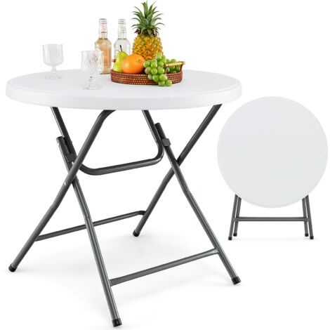 Table Ronde Pliante de 81 cm, avec Plateau Épaissi en HDPE, Pieds en Métal et Patins Antidérapants, Table à Manger pour Extérieur/Intérieur, Blanc (1/5)