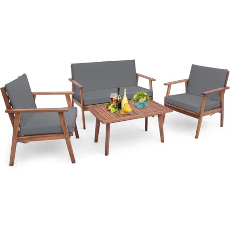 Ensemble de Salon de Jardin 4 Pièces, Canapé en Bois d'Acacia avec Coussins d'Assise et de Dossier, Table Basse Rectangulaire, pour Jardin, Gris (1/5)