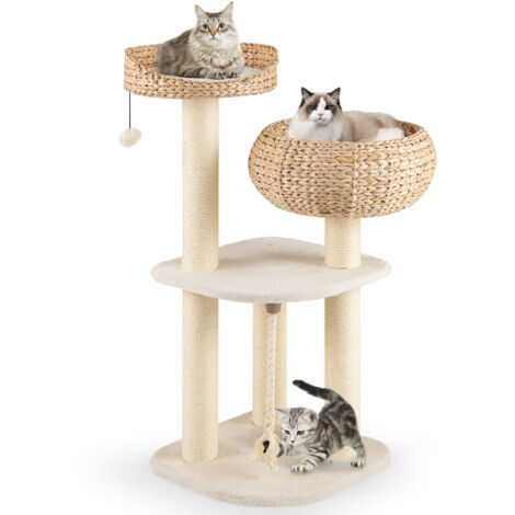 Arbre à Chat XXL 104 cm, Arbre à Chat Bois, 3 Poteaux à Griffer en Sisal,Tour pour Chaton 3 Plateformes, Panier, Pompon, Corde à Griffer, Beige