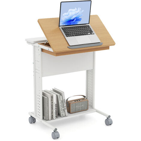 Table d'Appoint en Forme de C, Bureau d'Ordinateur avec Plateau Inclinable, Étagères de Rangement & Panneaux Perforés, pour Salon Chambre, Naturel (1/5)