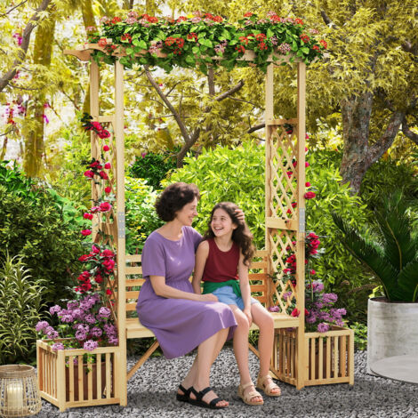 COSTWAY Arche De Jardin Avec Banc 2 Places 160 X 50 X 199 Cm - Pergola Bois Pour Plantes Grimpantes Charge 300 Kg