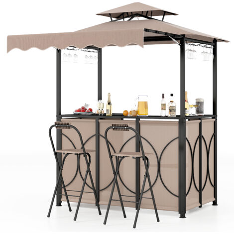 Tonnelle de Barbecue 3 Pcs Extérieur avec Auvent, Gazebo de Grill à Double Toit avec Table de Bar 2 Chaises Pliables Étagères de Rangement, Beige (1/5)