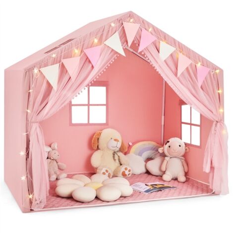 Tente de Jeux Enfant avec Rideaux en Tissu & Moustiquaire, Cabane Enfant Intérieure avec Guirlandes Lumineuses Étoiles, pour 3 Ans+, Rose