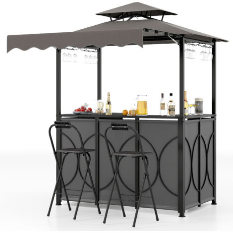 Costway – Tonnelle de barbecue 3 pcs avec auvent – Gazebo à double toit 193x117x240 cm – Table de bar et 2 chaises pliables – Métal et polyester gris (1/5)