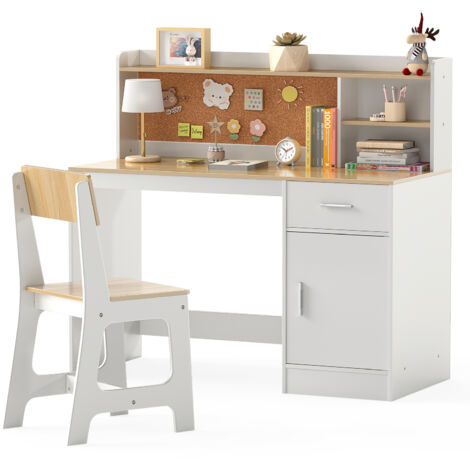 Bureau et Chaise d'Étude pour Enfants 3 Ans+, Table d'Écriture avec Étagères, Tiroir, Armoire de Rangement, pour Chambre, École, Naturel