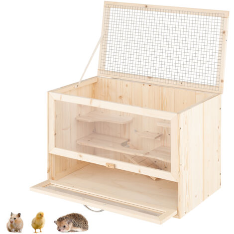Cage Hamster en Bois, Cage pour Hamster, Toit Rabattable en Treillis, 5 Plateformes, Rampe, Panneau en Acrylique, Porte Verrouillable, 60 x 36 x 42 cm