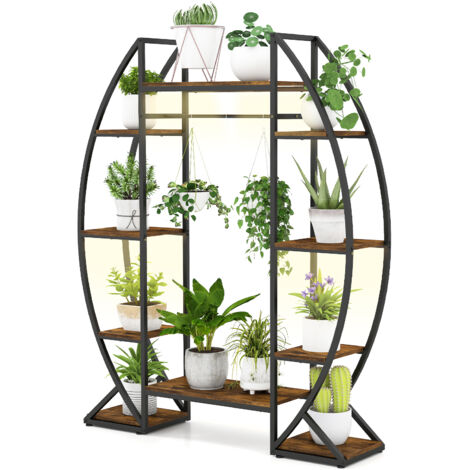 Support de Plante Métallique d'Angle à 10 Étagères Ouvertes, Étagère à Fleur avec Lumière de Croissance, Support Pot de Fleur pour Balcon Salon,Marron (1/5)