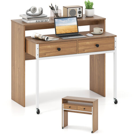 Costway – Bureau extensible mobile 100x63x88 cm – Bois MDF et métal – 2 tiroirs – Roulettes verrouillables pour stabilité – Pour bureau à domicile (1/5)