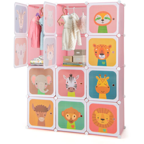Armoire Cubes Modulaire pour Enfants à 12 Cubes avec 2 Sections Suspendues, Commode avec Jolis Motifs, Assemblage Facile, pour Chambre, Crèche, Rose (1/5)
