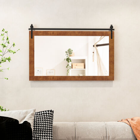 Costway – Miroir mural rectangulaire 100 x 66 cm – Cadre en bois de sapin massif – Support en métal antirouille – Réflexion HD – Style ferme vintage