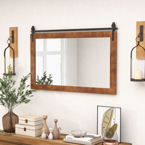 COSTWAY Miroir Mural Rectangulaire 100x66cm Cadre Bois Massif Style Porte De Grange - Marron, Réflexion HD