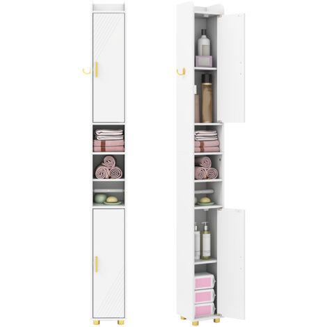 Costway – Colonne de salle de bain étroite 20x20x179 cm – 2 portes avec étagères réglables – Crochet latéral et barre porte-papier – Design moderne blanc