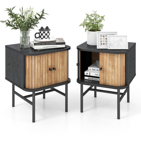 Lot de 2 Table de Chevet, Bout de Canapé avec Portes Coulissantes,40 x 39 x 49 cm, Noir (1/5)