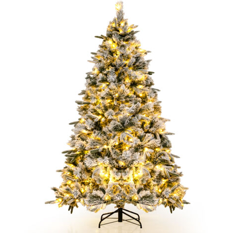 Costway – Sapin de Noël artificiel 215 cm – 1096 branches floquées – 300 lumières LED blanches chaudes – Résistant au feu et aux déformations (1/5)