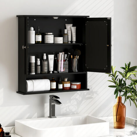 Armoire Murale Salle De Bain COSTWAY 2 Portes Miroir - Placard Rangement Gris 56,5x13,5x58,5 Cm
