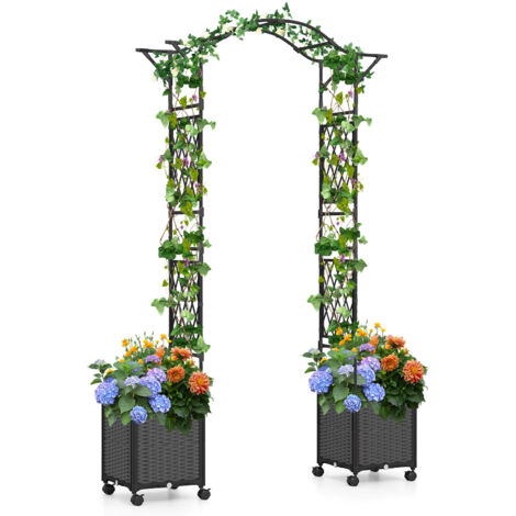 Arche de Jardin 208 CM avec 2 Bacs Jardinière et Treillis, Pergola Extérieur en Métal Revêtu de PE Antirouille avec d'Auto-Arrosage Roues, Gris (1/4)