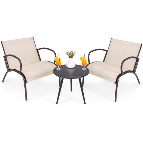 Costway – Ensemble table et chaise de jardin 3 pièces – 2 fauteuils ergonomiques en métal et tissu respirant – Table basse ronde élégante – Capacité 180 kg par chaise