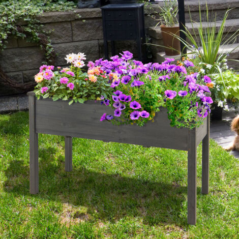 Potager sur Pieds 123 x 57 x 76cm, Portage Surélevé en Bois avec Barres de Support Inférieures, Trou de Drainage, pour Fruits, Fleurs, Gris (1/5)