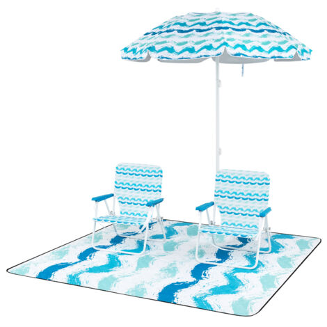 Ensemble de Plage 4 Pièces avec Parasol, 2 Chaises Pliables et Tapis de Pique-Nique, Parasol Portable avec Mécanisme d'Inclinaison, Sac de Transport (1/5)