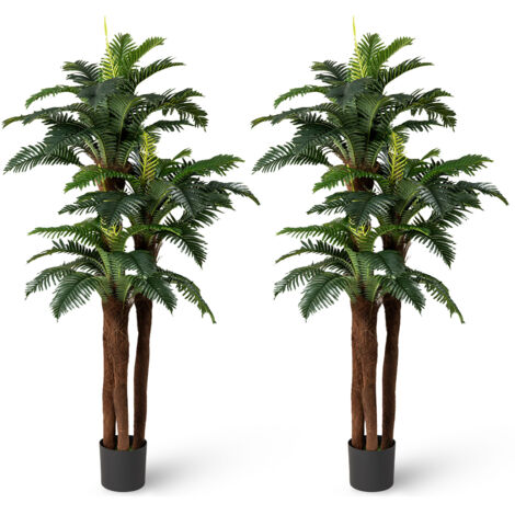 Lot de 2 Palmiers Artificiels de 191 cm, Faux Arbre Tropical en Pot avec 48 Feuilles Ajustables 3 Troncs Réalistes & Mousse, Décoration Moderne