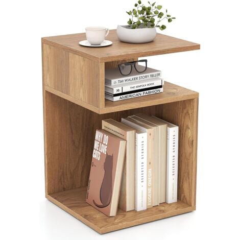 Table d'Appoint en Forme S, Bout de Canapé Salon avec 2 Casiers Ouverts, 3 Étagères Design Géométrique Compacte,pour Salon, Chambre, Naturel