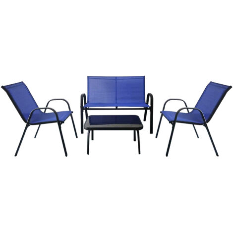 Ensemble Salon de Jardin 4 Pièces, 2 Fauteuils 1 Canapé 1 Table Basse en Verre, pour Terrasse, Piscine, Patio, Balcon, Bleu (1/4)