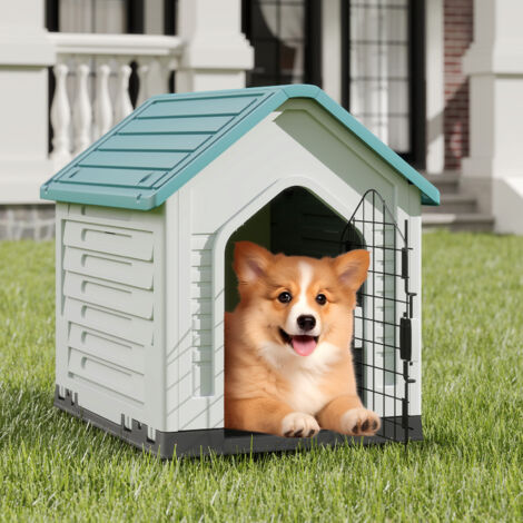 Niche pour Chien avec Porte Verrouillable, Abri pour Animaux, Aérations et Toit Incliné pour Petits Chiens et Chats, pour Maison, Terrasse, Bleu (1/5)