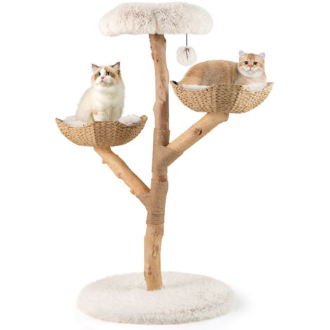 Costway – Arbre à chat en bois massif 122 cm – 2 paniers en rotin – 2 plateformes – Poteau à griffer en jute – Pompon suspendu